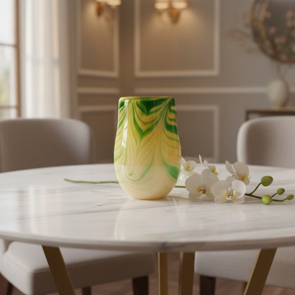 Vintage Studio Art Glass Vase-Green Yellow Swirl-Hand Blown-Murano Style-Modern